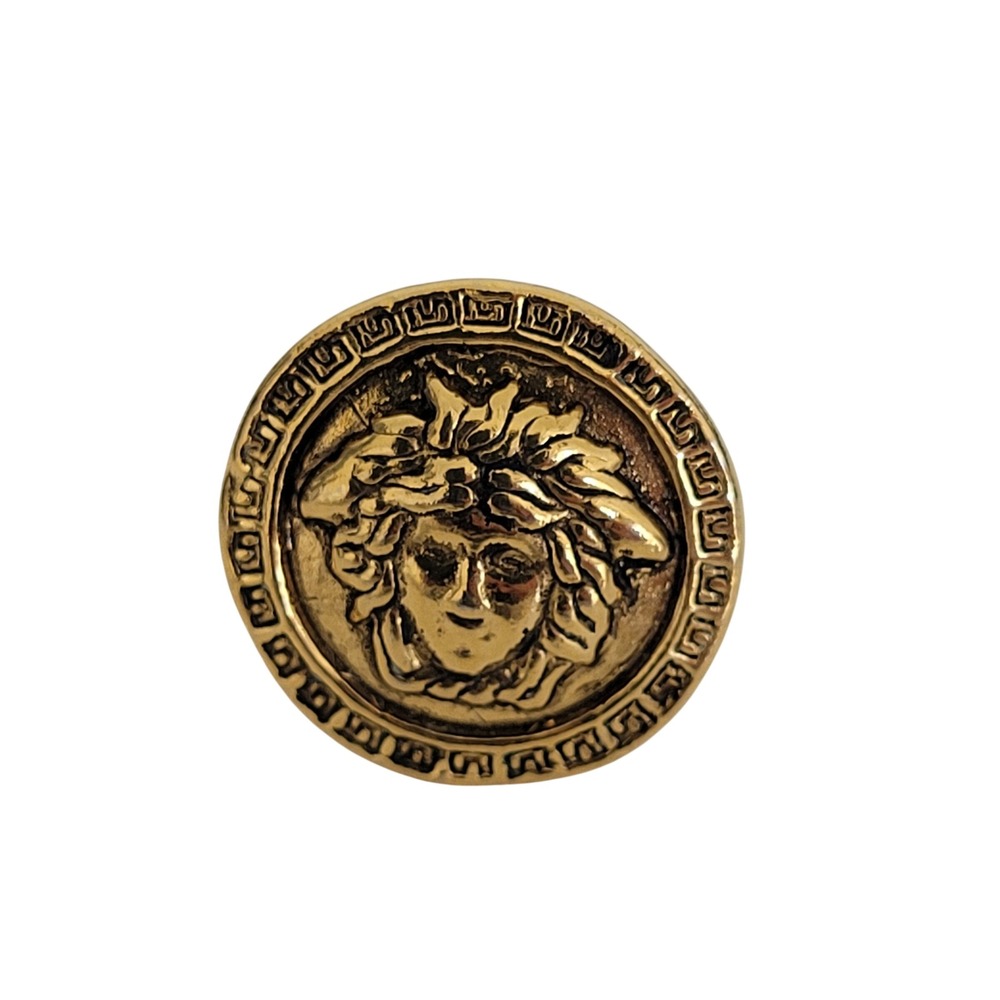 Versace Medusa Head Lapel Pin Gold Tone Greek Key Border Logo Pin Small RoundOS